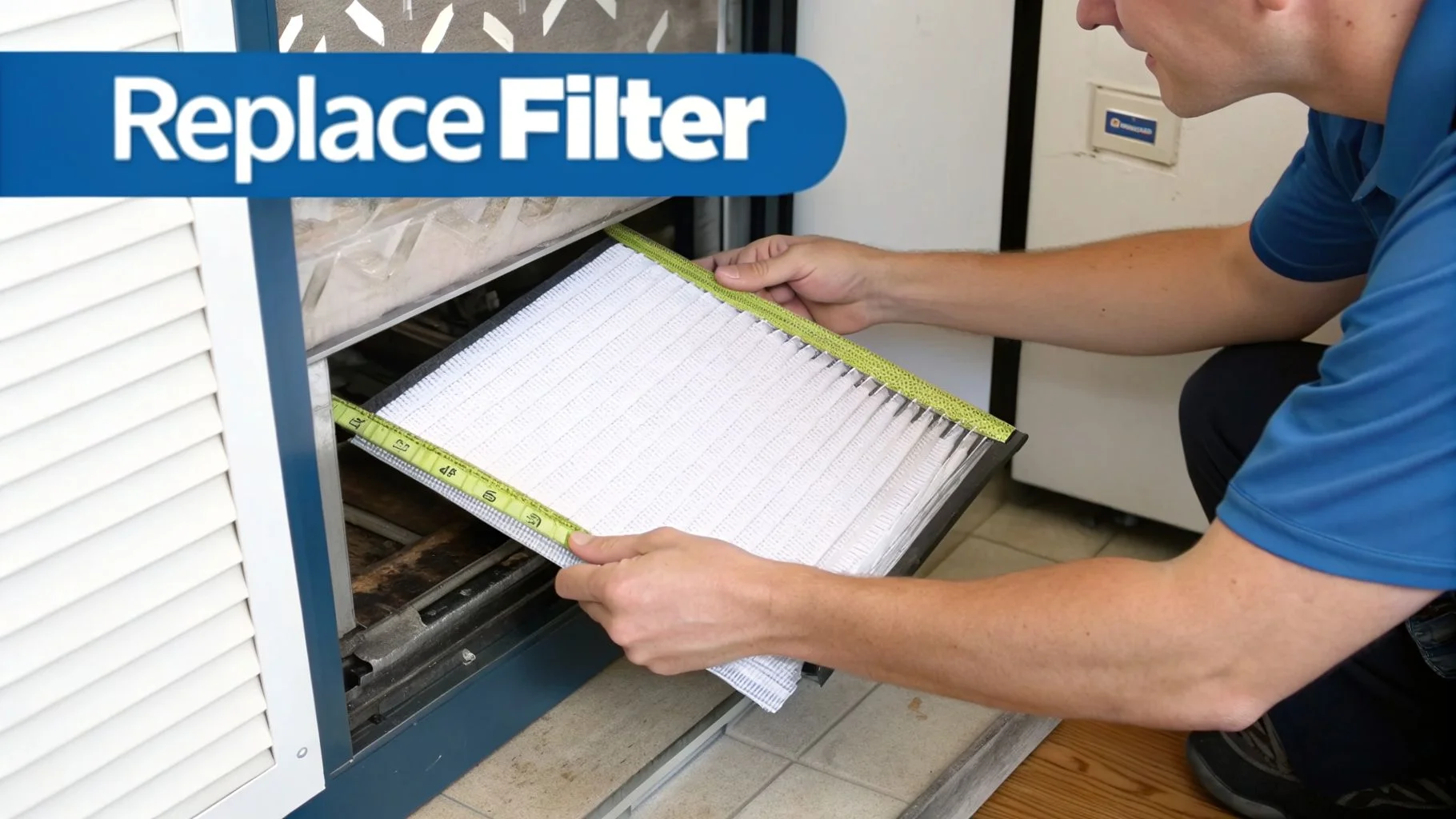 A person in a blue shirt replacing a clean, pleated air filter into a home HVAC unit.