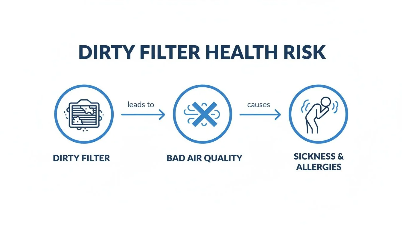 Diagram illustrating how a dirty air filter leads to bad indoor air quality, causing sickness and allergies.
