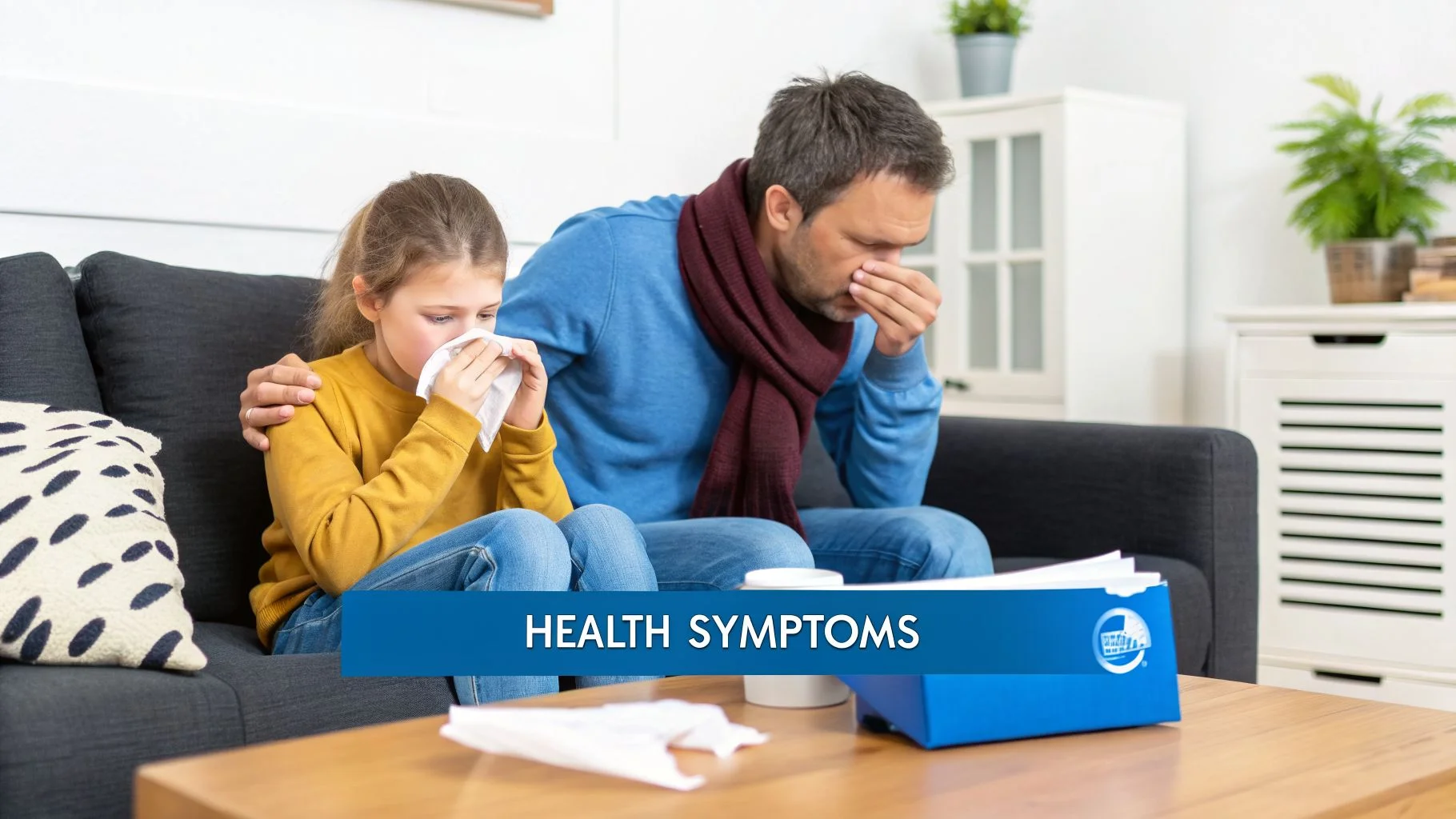 A father and daughter appear sick, blowing their noses with tissues while sitting on a couch.