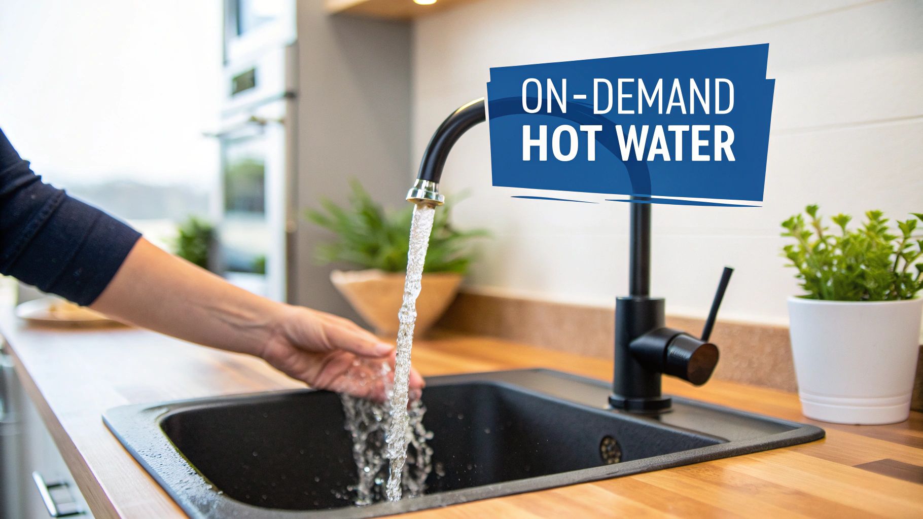 Person's hand under running water from a black faucet in a modern kitchen sink with an 'ON-DEMAND HOT WATER' banner.