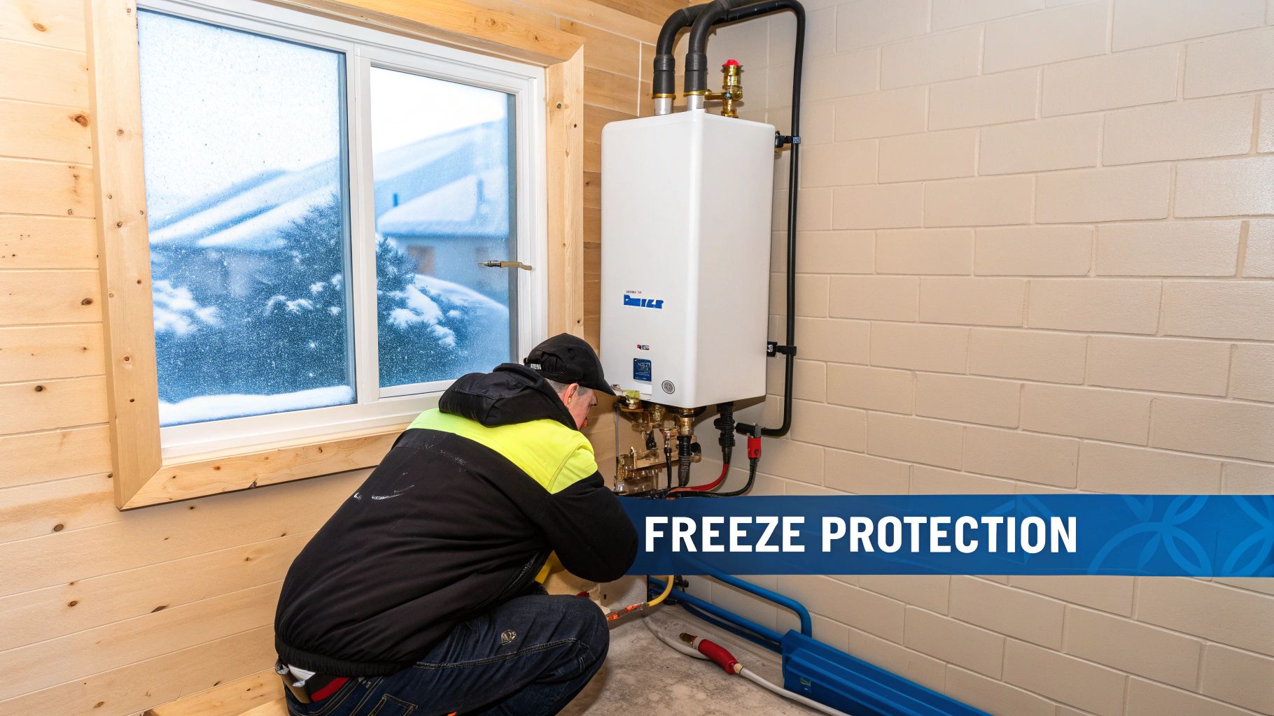 A person installs a white tankless water heater indoors, with a snowy winter view outside, emphasizing freeze protection.