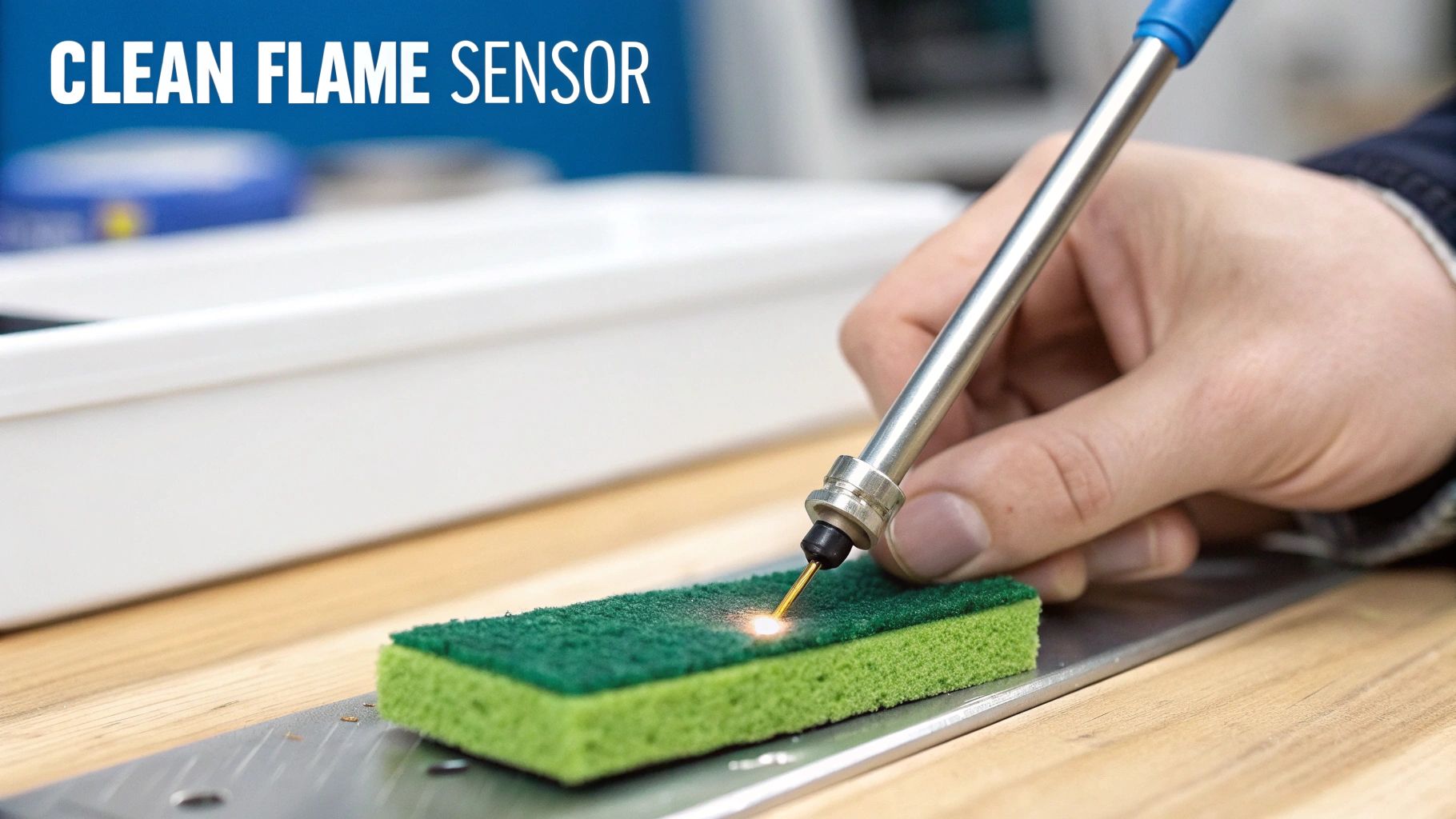 A hand holds a clean flame sensor tool emitting a small spark onto a green scrubbing pad.