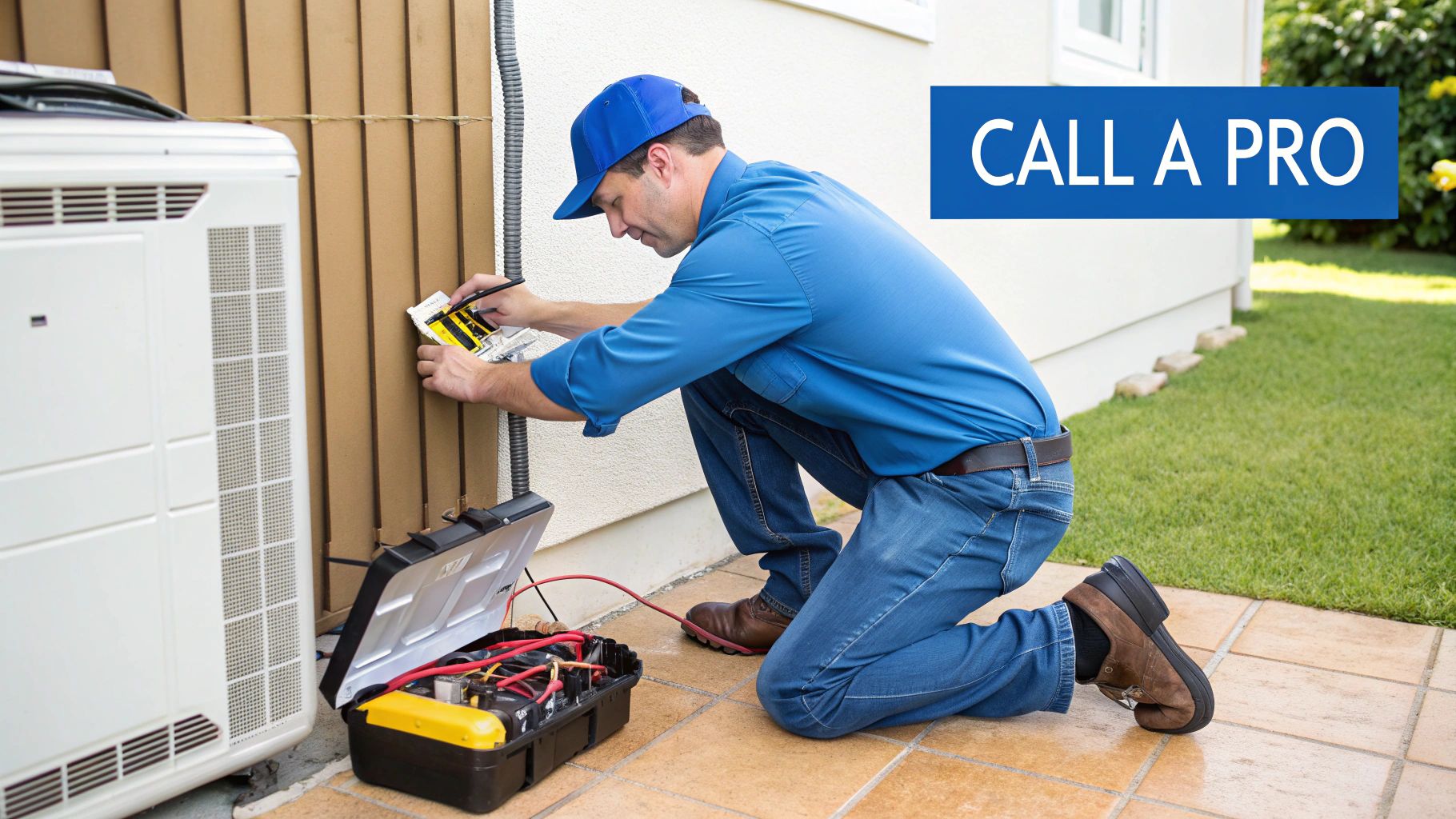 An HVAC technician in a blue uniform working on an outdoor air conditioning unit.