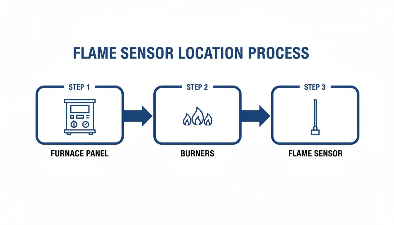 A three-step diagram illustrates the flame sensor location process, from furnace panel to burners, then the flame sensor.